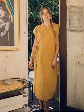 OddBird Co. Aydin Wrap Lounge Dress - Mustard Yellow - Size Small